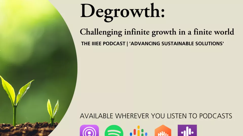 Image of small plants on a green background and the text Degrowth challenging infinite growth in a finite world.
