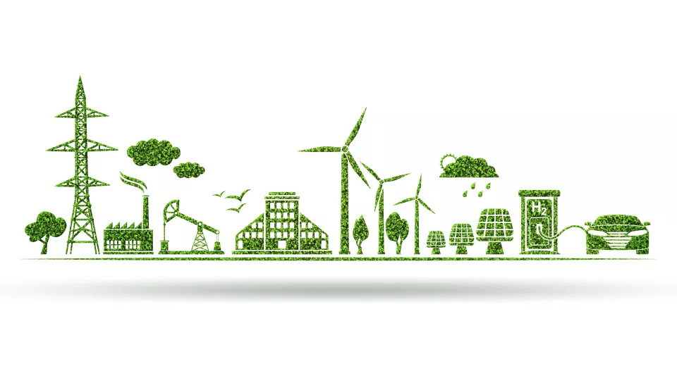 Illustration in green showing a factory, an oil pump, solar panels, wind mills and a charging electric car. 