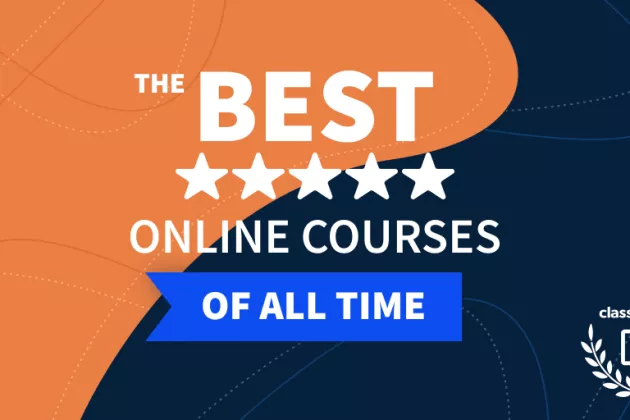 The best online courses of all time. White text on orange and blue background. 