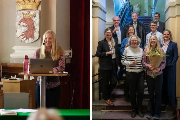 Photo collage of persons in and outside a university aula